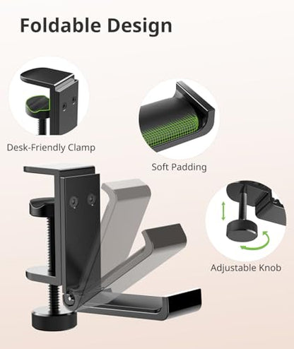 Kimiangel Headphone Stand Under Desk, Foldable Aluminum Headset Holder with Adjustable Screw Clamp, Headphone Hook Mount for Gaming Accessories, Space-Saving Under Table Headset Hanger