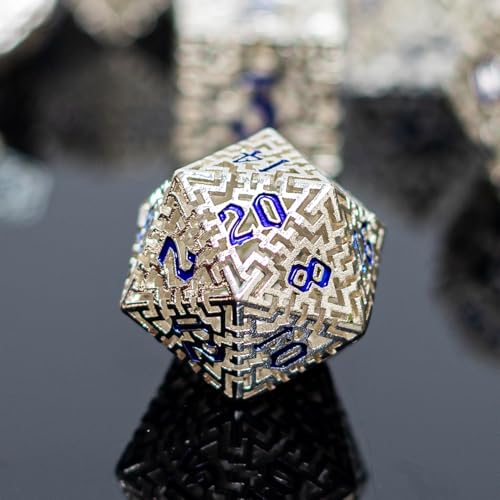 Metal Hollow DND Dice Set with A Gift Box, Silver Metallic Luster Maze Design, Ideal DND Dice Set for D&D DM and Players, Perfect for Dungeons and Dragons, MTG, COC Game Meetings (Cleric) - color: Hollow-silver