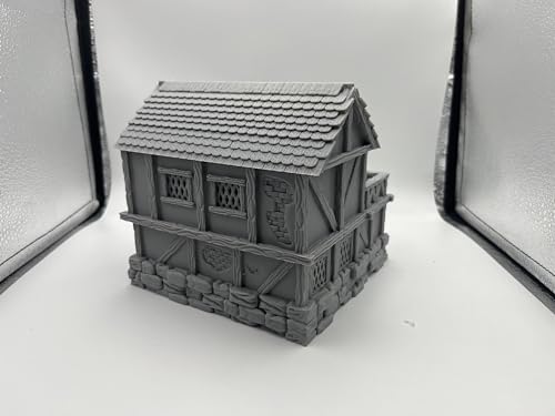 Hautico Town Building Terrain Set for 28mm Tabletop Miniature Wargames, Compatible with DND, 3D Printed and Paintable (Little Town Two-Floor House)
