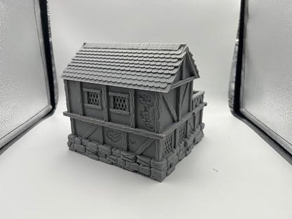Hautico Town Building Terrain Set for 28mm Tabletop Miniature Wargames, Compatible with DND, 3D Printed and Paintable (Little Town Two-Floor House)