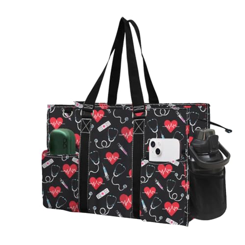 NGIL Utility Water Resistant Tote Bag | Work Tote for Women, Nurse Bag, Teacher's Choice Purse, Gym Bag, Everyday Organizer Top Zipper Closure - color: Cure With Love- Black