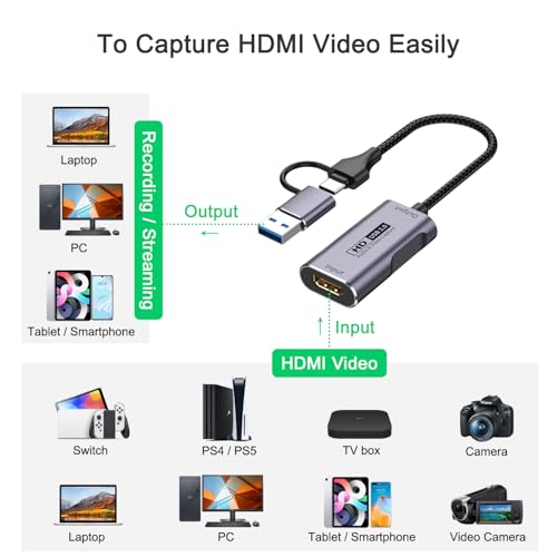 Video Capture Card 4K HDMI to USB-A/USB-C Capture Card Full HD 1080P 60FPS USB3.0 Capture Video and Audio Recording for Gaming, Streaming, Teaching, Video Conference