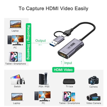 Video Capture Card 4K HDMI to USB-A/USB-C Capture Card Full HD 1080P 60FPS USB3.0 Capture Video and Audio Recording for Gaming, Streaming, Teaching, Video Conference