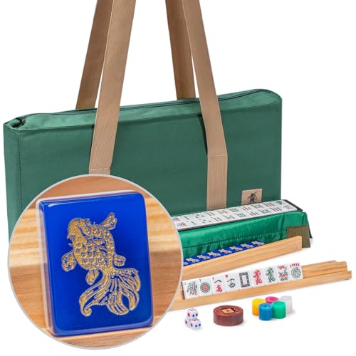 Yellow Mountain Imports American Mahjong Set, Koi Fish with Green Soft Case - Four Wooden All-in-One Racks with Pushers, Wright Patterson Scoring Coins, Dice, and Wind Indicator - color: Koi Fish