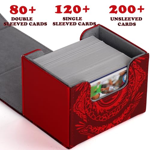 Deck Box for MTG Cards, Trading Commander Deck Case Holds 120+ Sleeved Cards, PU Leather Magnetic Collectible Card Storage Box Fits for TCG Magic Card (Red) - color: Red