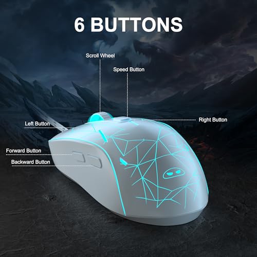 MageGee G6 Wired Gaming Mouse, Ergonomic USB Optical Mouse with 7 Colors Breathing LED Backlit, 6 Adjustable Speed Levels from 600 to 3200 for Laptop PC Computer Games & Work, White - color: white