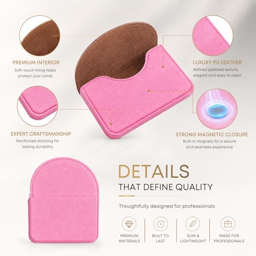 Business Card Holder，PU Leather Business Card Case Wallet Pink | Pocket Travel Name Card Case for Men and Women Gift，Portable Magnetic Business Card Carrier for Purse - color: Pink