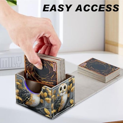 Magnetic Closure TCG Deck Box Portable Card Holder Trading Card Deck Box | PU Leather Collectible Card Case Game Trading Card Deck Box Storage Scratch Resistant Lining, Cute Owl And Golden Leaves - color: Cute Owl And Golden Leaves