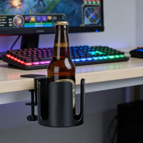 Large Clamp On Cup Holder for Desk, 3.9" Diameter Anti-Spill Drink Holder | Easy Install Clip On Table & Chair Armrest, Desk Accessories for Office, Gaming, Coffee Mugs & Bottles - size: 3.9 Inch, no Hook