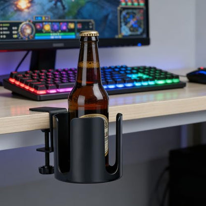 Large Clamp On Cup Holder for Desk, 3.9" Diameter Anti-Spill Drink Holder | Easy Install Clip On Table & Chair Armrest, Desk Accessories for Office, Gaming, Coffee Mugs & Bottles - size: 3.9 Inch, no Hook