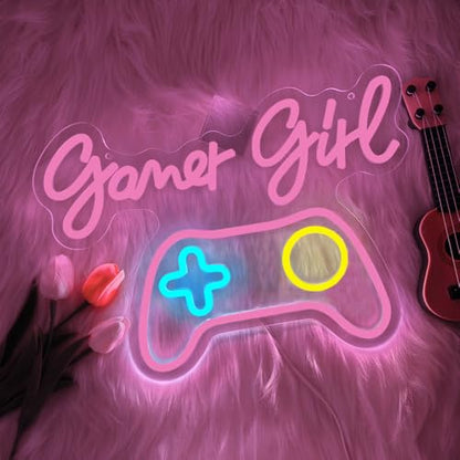 Gamer Neon Sign,Gaming Neon Sign for Gamer Room Decor LED Lights Girl's Bedroom Wall Decor Gamepad Dimmable Neon Gaming Sign for Party Decorations Girl Gifts USB Powered(15.4"*11.4") - style: Game Girl