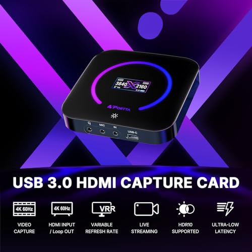 PORTTA DX20R HDMI Video Capture Card, Stream & Record in 4K 60Hz with Ultra-Low Latency, Passthrough for 1080p@240Hz & 2K@120Hz, USB 3.0 to PC, Support HDR, VRR, Compatible with PS5, Xbox, OBS