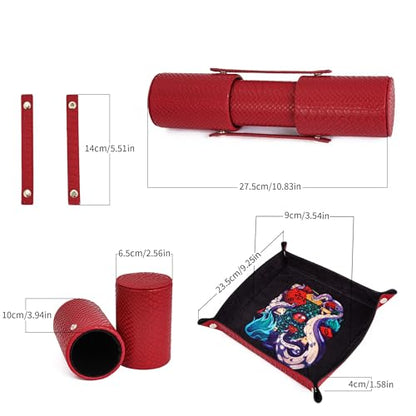 3 in 1 PU Leather Dice Rolling Tray with Two Dice Cup Set, Portable Folding DND Dice Trays for RPG Board Games and Pub Party Games - color: Red