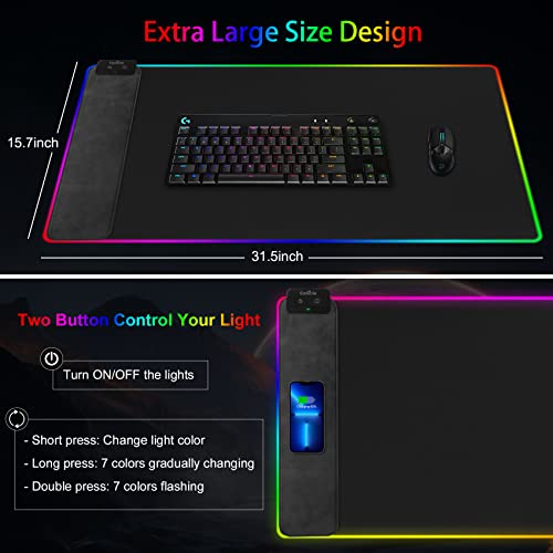 Wireless Charging RGB Gaming Mouse Pad, 31.5"x15.7" Large Desk Mat, Desk Pad with Wireless Charger, Non-Slip Rubber Base, Waterproof, Computer Keyboard Mat for Gamer, Office, Home, Black - color: Black, size: 15.7L x 31.5W inches