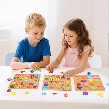 Alphabet Wooden Puzzles for Toddlers 3-5, Pack of 3 ABC, Number and Shape Puzzle, Preschool Educational Learning Toys with Puzzle Board & Letter Blocks for Girls Boys Ages 3 4 5 Years Old - color: Standard 3-pack