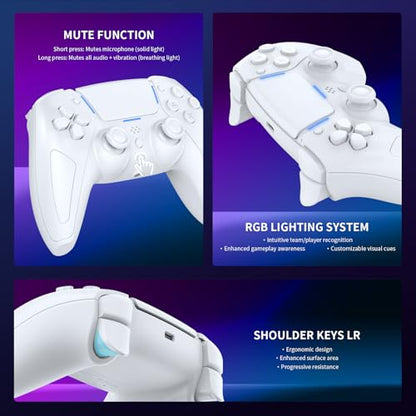 JDDWIN LED Wireless Gaming Controller for PS5/PC/Android/IOS/MAC/Steam Deck,Hall Effect, Bluetooth, 3.5mm Audio Jack, Dual Vibration, 6-Axis Motion Contro Gamepad with Speaker (White)
