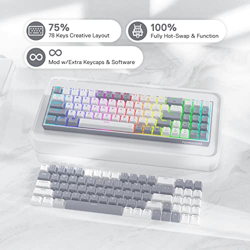 Redragon K628 Pollux 75% Wired RGB Gaming Keyboard, 78 Keys Compact Mechanical Keyboard w/100% Hot-Swap Socket, Free-Mod Plate Mounted PCB & Dedicated Arrow Keys, Quiet Red Switch - color: White & Grey 75% Wired