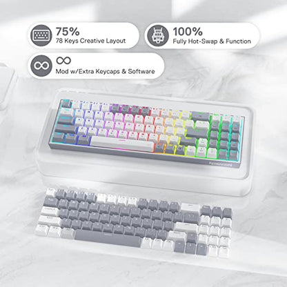 Redragon K628 Pollux 75% Wired RGB Gaming Keyboard, 78 Keys Compact Mechanical Keyboard w/100% Hot-Swap Socket, Free-Mod Plate Mounted PCB & Dedicated Arrow Keys, Quiet Red Switch - color: White & Grey 75% Wired