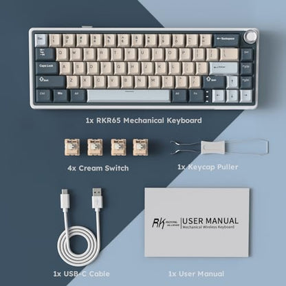 RK ROYAL KLUDGE R65 Wireless Mechanical Keyboard with Volume Knob, Tri-Mode 2.4G/USB-C/BT Gasket Mounted 60% Gaming Keyboard with 66Keys, PBT Keycaps, QMK/VIA, Hot Swappable Cream Switch, Blue - color: Blue