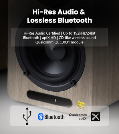 Edifier Airpulse A60 Desktop Hi-Res Bluetooth Bookshelf Speakers, Walnut | Planar Tweeter, Hi-Res Audio, Bluetooth 5.1 aptX HD, DSP Crossover, Multi Input, Sub Out, MDF Wooden Cabinet - color: walnut
