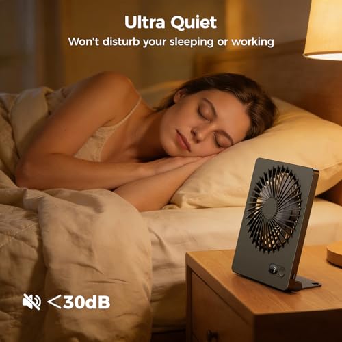 Zuvas Desk Fan Small Rechargeable Battery Table Fans for travel Ultra Quiet | 180° Tilt Folding, LED Dislay, Portable Fan Slim Design, 3 Speed Adjustable, for Office Bedroom Desktop, Cruise Essentials - color: Black