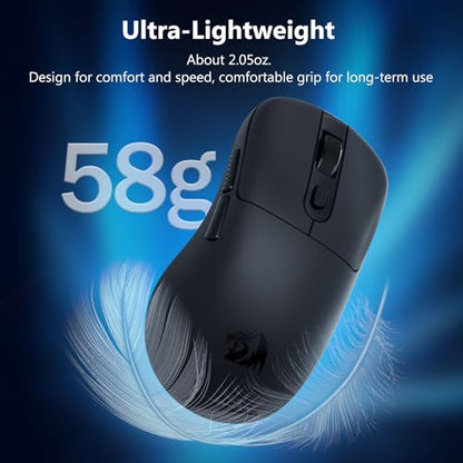 Redragon Wireless Gaming Mouse, 58g Lightweight, Black | 12,000 DPI, Tri-Mode 2.4G/Bluetooth/USB-C, PAW3311 Sensor, 75Hr Battery Mice with 6 Programmable Buttons for PC/Mac