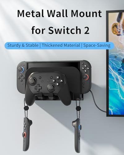Metal Wall Mount for Nintend0 Switch 2 / OLED / Switch Console, All-in-One Metal Bracket with Pro Controller Holder, Universal Storage Rack for Dock, JoyCons & Pro Controller, Space-Saving Design