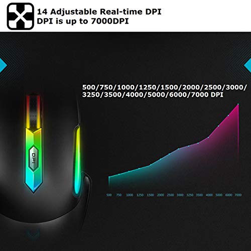 RAPOO V302 Optical Gaming Mouse Wired with 16.8 Million RGB Backlight, Ergonomic Design, 14 Adjustable DPI, 7 Programmable Buttons for Windows 7/8/10/XP Vista, Desktop, Laptop, PC- Black