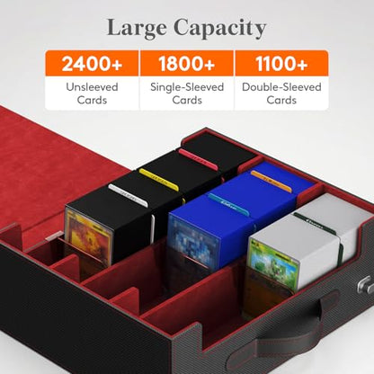 Lifewit Trading Card Storage Box with Handle, Holds Up to 1800 Sleeved Cards with 12 Adujstable Dividers & 4 Stoppers, Aluminum Closure PU Leather Case for MTG, PTCG, YGO, Sports Cards, Black& Red - color: Black&Red
