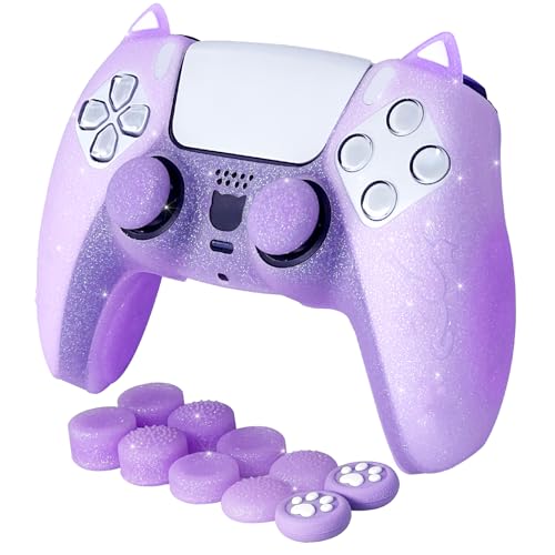 Purple Cat Glitter Anti-Slip Protective Silicone Cover Skin Grips Compatible with PS5/Slim/Pro Controller,8 PCS Glitter Thumb Grips Caps and 2 Paw Grips Caps. (Cat Purple) - color: Cat Purple