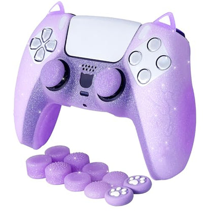 Purple Cat Glitter Anti-Slip Protective Silicone Cover Skin Grips Compatible with PS5/Slim/Pro Controller,8 PCS Glitter Thumb Grips Caps and 2 Paw Grips Caps. (Cat Purple) - color: Cat Purple