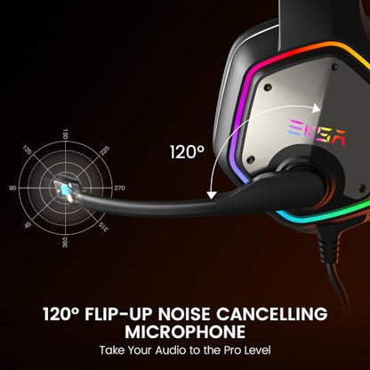 EKSA E1000 USB PC Gaming Headset with Mic, 7.1 Surround Sound | Computer Headphones with Microphone Noise Cancelling, RGB Light, Wired Headphones for PS4, PS5 Console, Laptop, Call Center - color: Grey