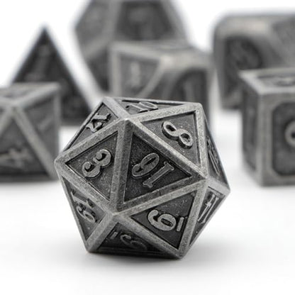 Metal Dice Set, HNCCESG Polyhedral D&D Dice for Dungeons and Dragons RPG DND Dice for Role Playing MTG Tabletop Gaming Shadowrun Pathfinder 7PCS D20 D12 D10 D8 D6 D4（Ancient Silver） - color: Ancient Silver