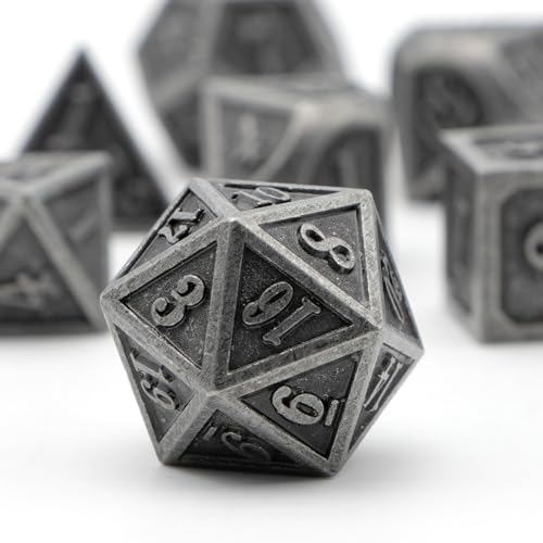 Metal Dice Set, HNCCESG Polyhedral D&D Dice for Dungeons and Dragons RPG DND Dice for Role Playing MTG Tabletop Gaming Shadowrun Pathfinder 7PCS D20 D12 D10 D8 D6 D4（Ancient Silver） - color: Ancient Silver