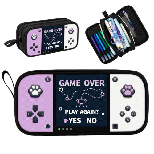 Game Controller Pencil Case for Boys Kids Teens, Large Capacity Pencil Pouch with 3 Compartments, 7 Pockets and Label Pocket for School College Office Travel (Purple & White) - color: Purple&White
