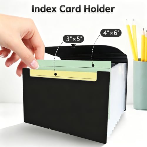 DHATMYC 4x6Index Card Holder Organizer 3x5Flash Note Card Storage Box,BLACK | A6 File Case Flashcard Notecard Container with Dividers and 13 Expandable Pockets for Recipe Coupon Stickers Scrapbook Paper - color: BLACK