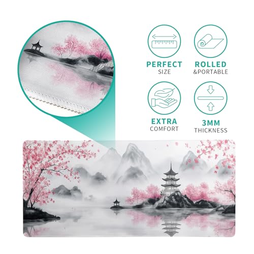 Pagoda Mouse Pad 31.5x11.8 Inch White Full Desk Japanese Mousepad Extended Large Non-Slip Rubber Base Waterproof Big Keyboard Mat with Stitched Edges for Gaming and Office - color: Pagoda