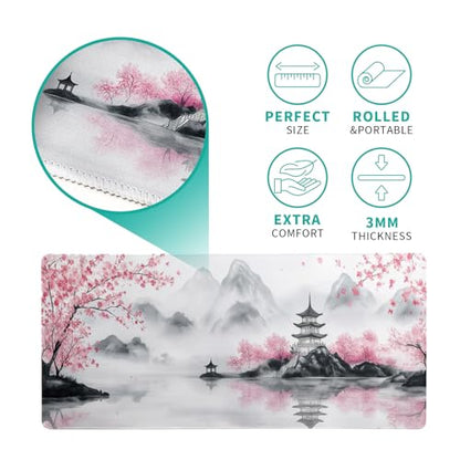 Pagoda Mouse Pad 31.5x11.8 Inch White Full Desk Japanese Mousepad Extended Large Non-Slip Rubber Base Waterproof Big Keyboard Mat with Stitched Edges for Gaming and Office - color: Pagoda
