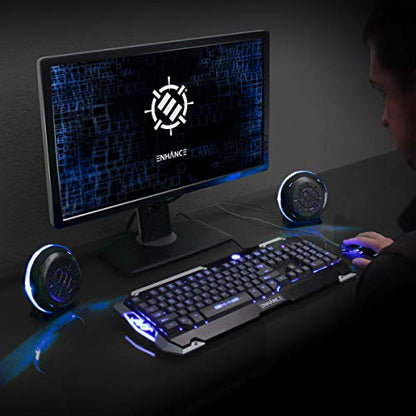 ENHANCE SL2 USB Classroom Speakers — 2.0 Stereo Sound System, 3.5mm Input, in-Line Volume Control, Compact for Desks, Laptops & Chromebooks — Perfect for School Labs & Classrooms (Blue LEDs) - color: Blue