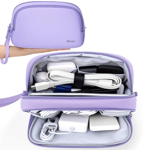 Skycase Travel Cable Organizer - Lightweight Water Resistant Dual-Layer Tech Pouch with Wrist Strap 9 Compartments Electronic Organizer Travel Case for Charger Cord Hard Drive,Large,Purple - color: Purple, size: L