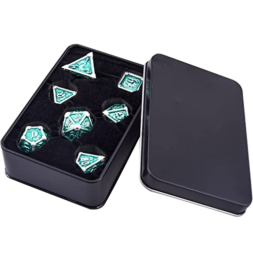 AUSTOR 7-Die Metal DND Dice Set Dungeons and Dragons Polyhedral Roll Playing Dice with Box D20 D12 D10 D% D8 D6 D4 for Pathfinder MTG RPG Board Games - color: Emerald With Silver Edge