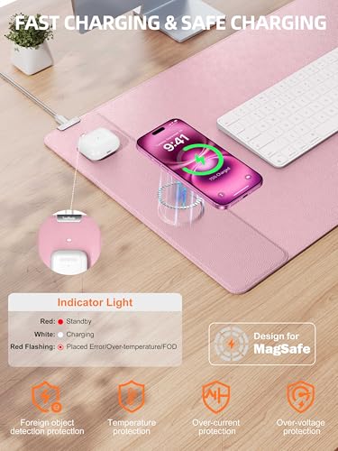 TopMade Mouse Pad with 15W Wireless Charging, XXL Large Leather Desk Mat, Waterproof Gaming Mousepad Home Office Desk Pad Protector, Pink (Includes 20W PD Power Adapter & 6.56ft Woven Cable) - color: Pink With Adapter