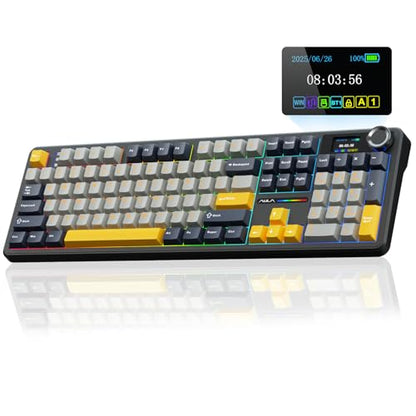 AULA F108 PRO - Wireless Mechanical Keyboard with Screen&Knob,Hot Swappable Gaming Keyboard with 8000mAh Battery,Pre-lubed Switches,RGB Backlit,PBT Keycaps Creamy Sounding Computer Keyboards,104 Keys - color: Gray&Yellow