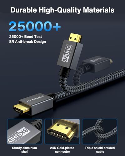 IVANKY 10K 8K HDMI Cable 6.6 FT, Ultra High Speed 48Gbps HDMI 2.1 Cable | Supoort 4K@120Hz 8K@60Hz, HDR, 3D, HDCP 2.2&2.3, Braided HDMI Cord, 6ft Compatible with Roku TV/PS5/HDTV/Blu-ray - size: 6.6 feet