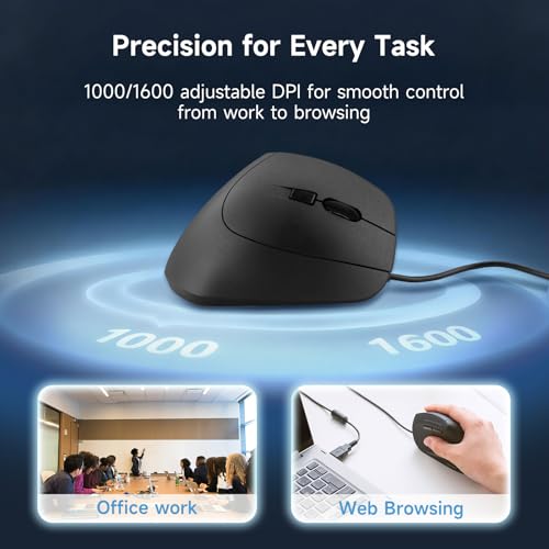 SANWA Wired Ergonomic Vertical Mouse, Silent Click & Remap with Software | 3 Programmable Buttons, Optical USB Mouse, 1000/1600 DPI, Wrist Relief, 55° Natural Comfort, Compatible Win/Mac/Laptop/PC