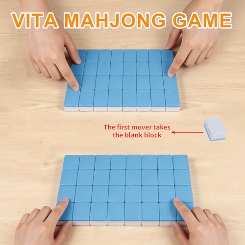 Vita Mahjong Game Set with Stickers, 65 Tiles DIY Plastic Mahjong Block Set, 2 Player Seaside Escape Push Tiles Game (Blue) - color: Blue
