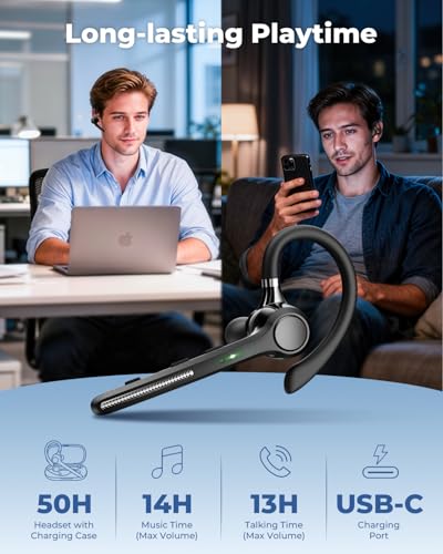 Ngsod Bluetooth Headset V5.4,USB Dongle Wireless Earpiece with Mic,Black | 500mAh Charging Case,50H Talk Time,Dual connect & Mute,ENC Noise Cancelling Lightest Headphones for Work Trucker