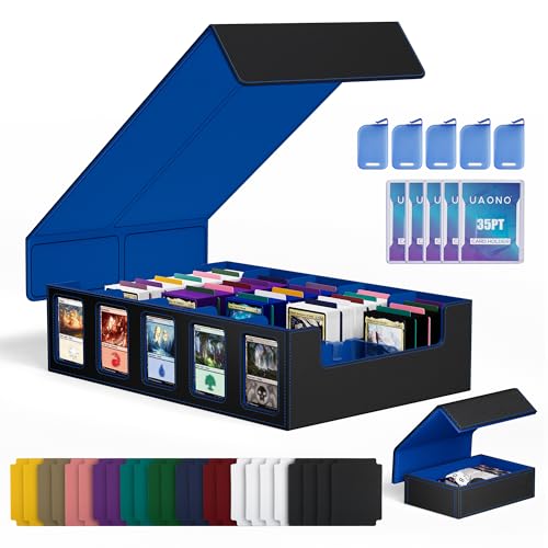 UAONO 5-Row Trading Card Storage Box with Commander Display, Black Blue | 3900+ Card Box with Removable Cover, Card Case Fits MTG TCG Sports Cards, 48 Dividers, 5 Stoppers, 5 Top Loaders, Dice Box - color: Black&Blue, size: 5 row