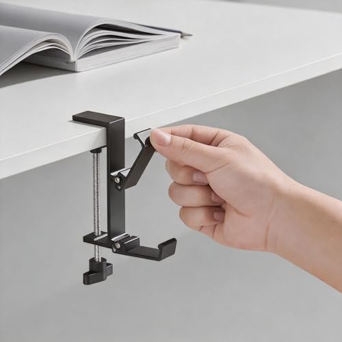 Heavyrain Desk Edge Headphone Holder and Bag Hook, Clamp-On Design, No Drill Installation (Carbon Black) - color: carbon black