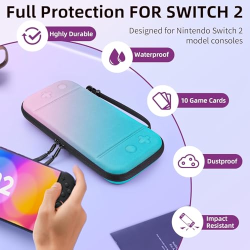 Switch 2 Carry Case Compatible with Nintendo Switch 2 Console,Large Capacity Switch 2 Case, Portable Hard NS 2 Travel Bag for Console & Accessories, 10 Game Card Slots (Pink Blue Gradient) - color: Pink Blue Gradient